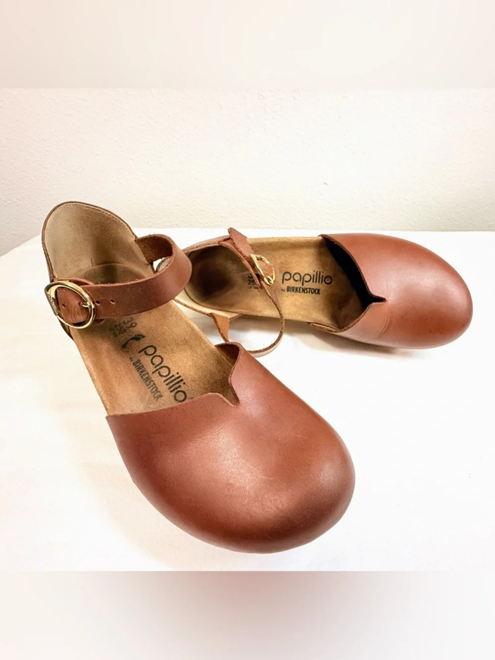 Papillio Birkenstock Cognac Leather Mary Jane Wedge Comfort Shoes 39 - Picture 4 of 16